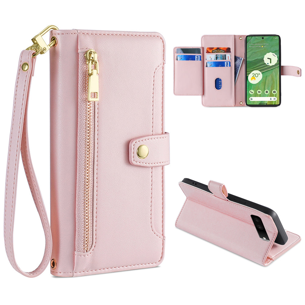 For Google Pixel 7 5G Textured PU Leather Zipper Pocket Wallet Phone Case Stand Multiple Card Slots Magnetic Closure Cover with Wrist Strap and Shoulder Strap For Google Pixel 7 5G Textured PU Leather Zipper Pocket Wallet Phone Case Stand Multiple Card Slots Magnetic Closure Cover with Wrist Strap and Shoulder Strap